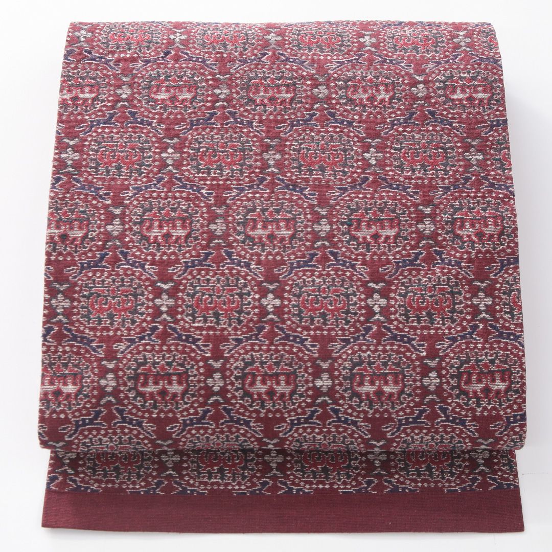 お買い得品!九寸名古屋帯 Sランク 帯丈328cm 正絹 六通 名古屋仕立て 織り インフォーマル 双鳥唐花文 深い赤系 RP 1245-04183