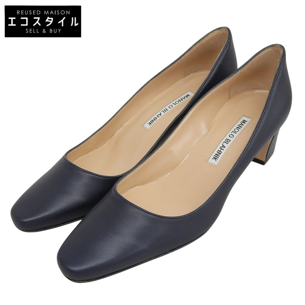 MANOLO BLAHNIK　マノロブラニク　新品同様 ナッパレザー OKKATOPLA 5cm チャンキーパンプス レディース ネイビー 35 1/2　35.5