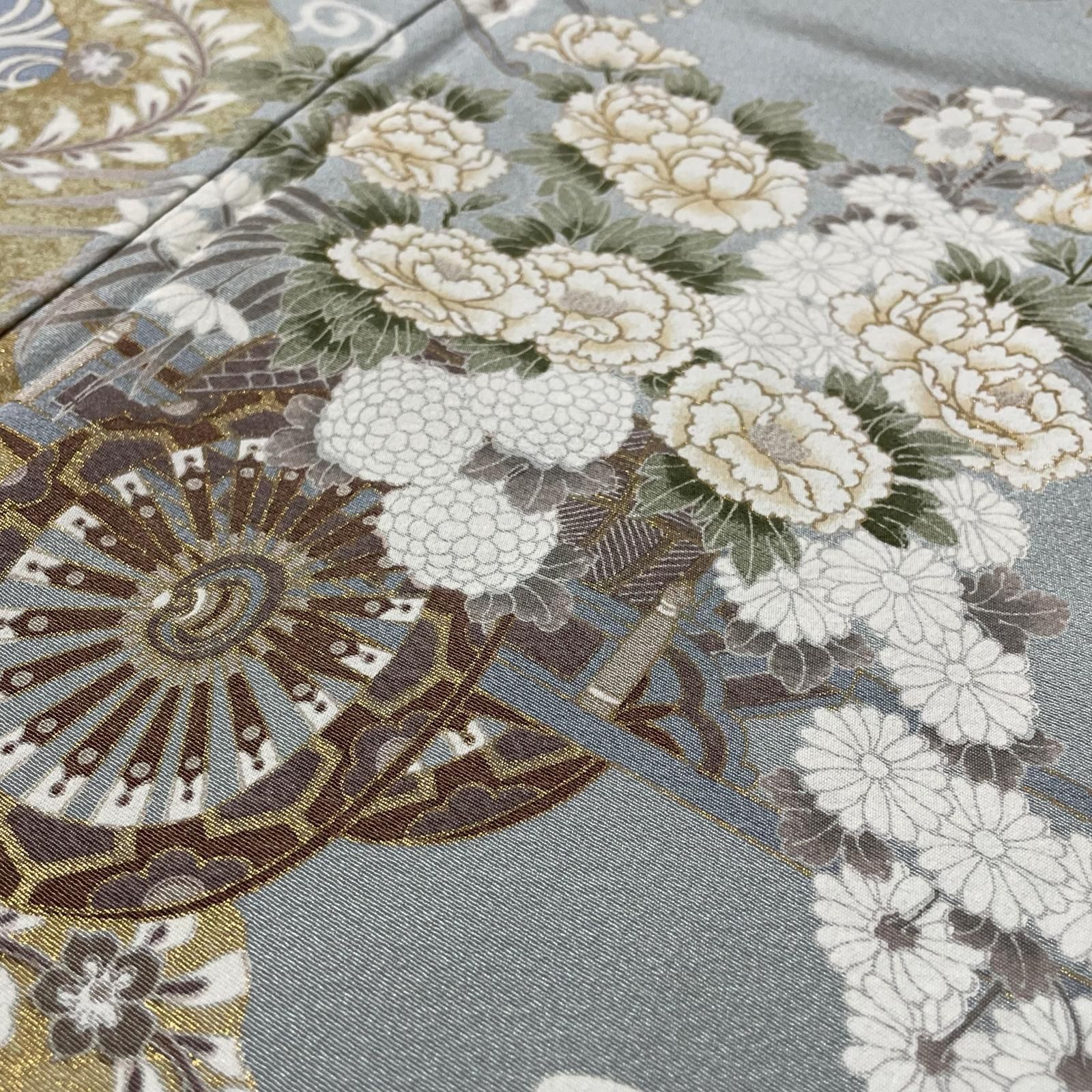 高島屋誂え 訪問着 花車の美しい染め 流水に藤の花 着物 正絹 X-2480