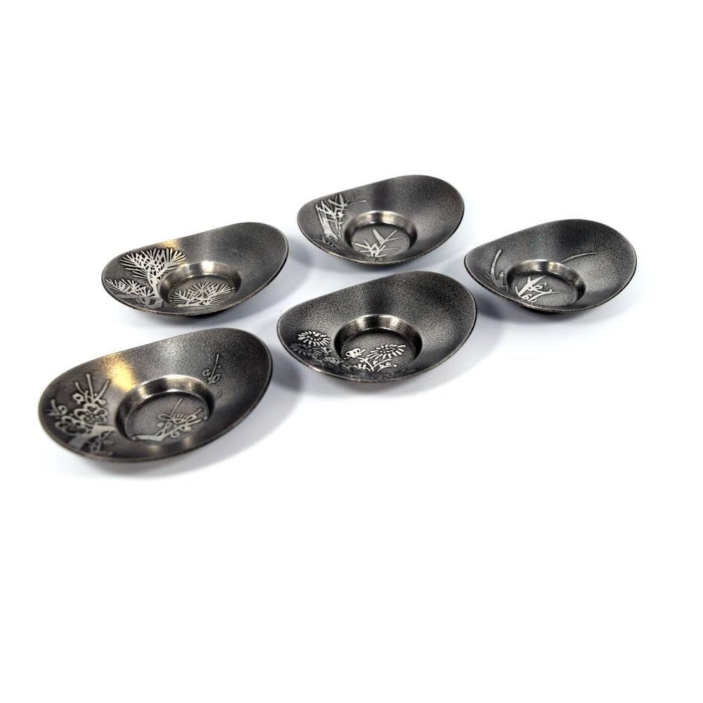 岡田園 煎茶道具 茶托 イブシ 五君子 小判型 上錫 2.5寸 5枚組 [上錫 五君子 小判型 2.5寸]