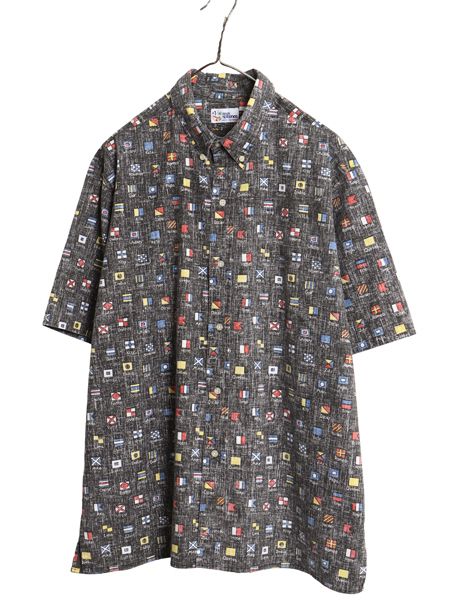 90s ハワイ製 レインスプーナー ボタンダウン 半袖 アロハシャツ メンズ XL 古着 オールド 半袖シャツ フラッグ USA製 3点留め ボックス 黒