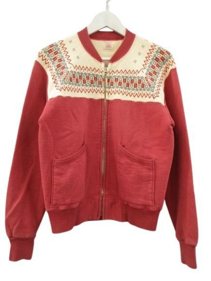 ザ フラットヘッド THE FLAT HEAD ジップアップスウェット 雪柄 レッド 赤 M