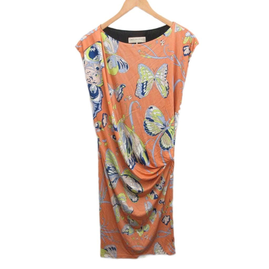 エミリオプッチ EMILIO PUCCI 美品 ワンピース ノースリーブ ひざ丈 蝶々 オレンジ 36 ■IBO90