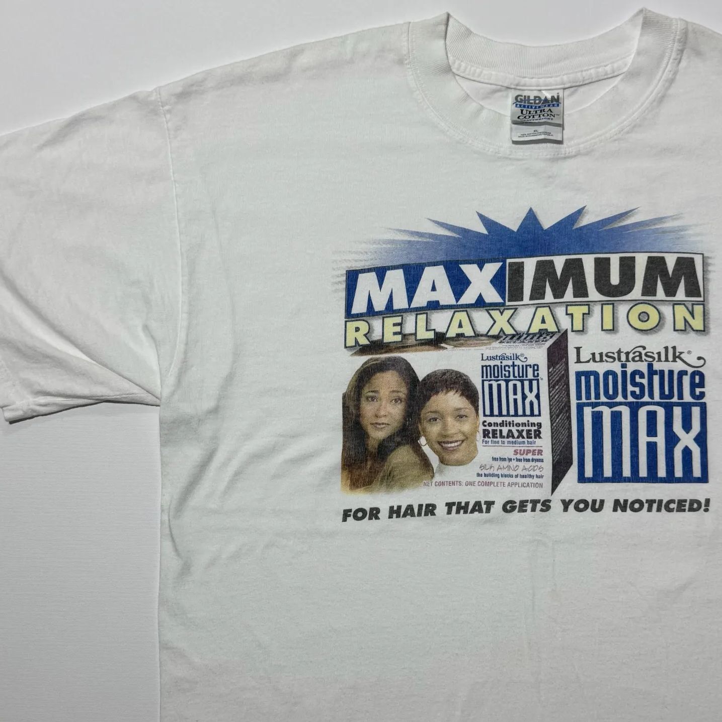 Lustrasilk moisture MAX 企業 Tシャツ XL ホワイト ヘアケア ブラックカルチャー ギルダン ヴィンテージ ビンテージ プロモーション　ウエラ　フォトTシャツ　ヴィンテージ Tシャツ DJ-B19