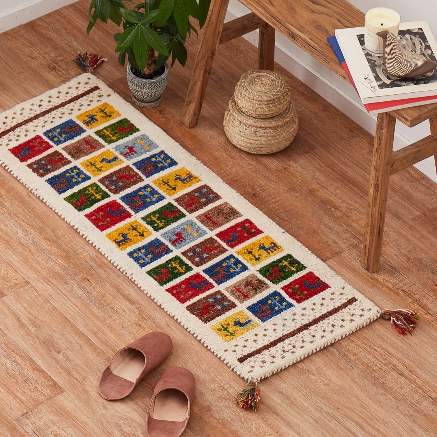 新品 萩原 ギャッベマット 約40×120cm 「GABBEH D19」 羊毛 手織り 屋内 厚手
