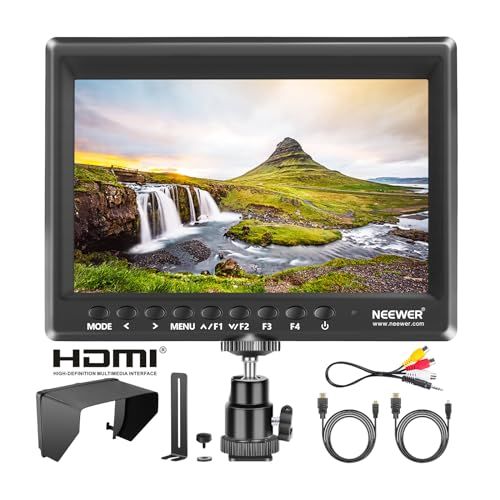 NEEWER F100 7インチ カメラフィールドモニター HD ビデオアシスト 超薄型 IPS 1280x800 HDMI入力 1080p サンシェードとミニボールヘッド付き DSLRカメラ、ハンドヘルドスタビライザー、フィルムビデオ作成に d5f0ded2