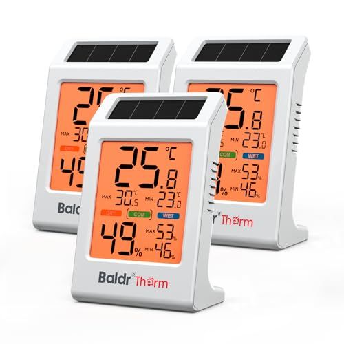 BaldrTherm デジタル温湿度計 ソーラー電池二重電源 バックライト付き 母の日 高精度 大画面 見やすい 最高最低メモリー 快適度顔表示 屋内屋外兼用 熱中症対策 ペット管理 スタンド壁掛け コンパクト ホワイト B0721TH (3 7c542f7a