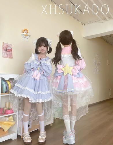 [ＸＨＳＵＫＡＤＯ] ロリータ ドレス レディース ワンピース 春 夏 秋 ゆめ可愛い リボン付き Lolita ゴスロリ お嬢様 星柄 セーラーカラー セーター服 洋服 ガーリー系 コスプレ レース フリル チュール 学園祭 文化祭★ eca2f7a7