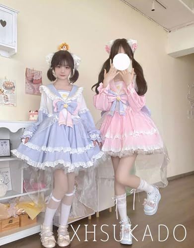 [ＸＨＳＵＫＡＤＯ] ロリータ ドレス レディース ワンピース 春 夏 秋 ゆめ可愛い リボン付き Lolita ゴスロリ お嬢様 星柄 セーラーカラー セーター服 洋服 ガーリー系 コスプレ レース フリル チュール 学園祭 文化祭★ eca2f7a7