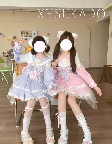 [ＸＨＳＵＫＡＤＯ] ロリータ ドレス レディース ワンピース 春 夏 秋 ゆめ可愛い リボン付き Lolita ゴスロリ お嬢様 星柄 セーラーカラー セーター服 洋服 ガーリー系 コスプレ レース フリル チュール 学園祭 文化祭★ eca2f7a7