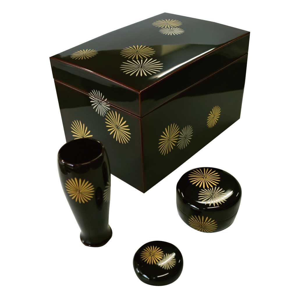 茶道具 利休茶箱 溜真塗 溜 唐松蒔絵 四点セット (利休茶箱 棗 香合 茶筅筒)