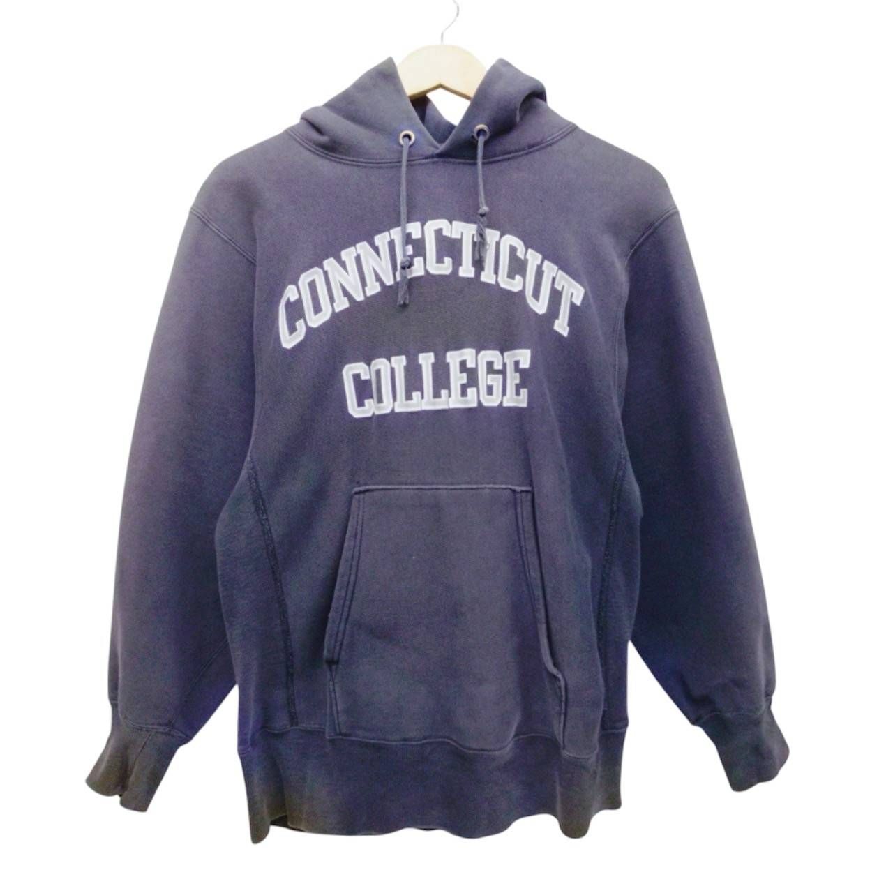 Champion REVERSE WEAVE USA製 M CONNECTICUT COLLEGE リバースウィーブ パーカー ネイビー 刺繍タグ カレッジロゴ フーディ スウェット チャンピオン ヴィンテージ 古着 アメカジ プルオーバー リブダメージ