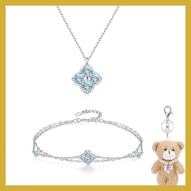 [FH.bird] ブルートパーズ ネックレス ブレスレット セット シルバー925 金属アレルギー対応ネックレス クローバー 11月誕生石 2連 ブレスレット レディース 11月記念日 誕生日プレゼント 女性 人気