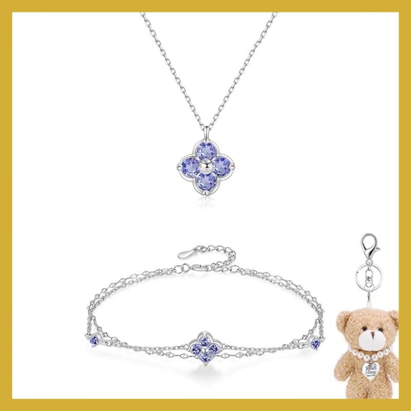 [FH.bird] タンザナイト ネックレス ブレスレット セット シルバー925 金属アレルギー対応ネックレス クローバー 12月誕生石 2連 ブレスレット レディース 12月記念日 誕生日 プレゼント 女性 人気