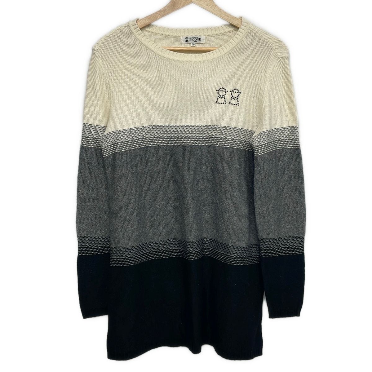 PICONE(ピッコーネ) ワンピース サイズ38 S レディース美品 - ダークグレー×アイボリー×黒 クルーネック/長袖/ミニ/ラインストーン