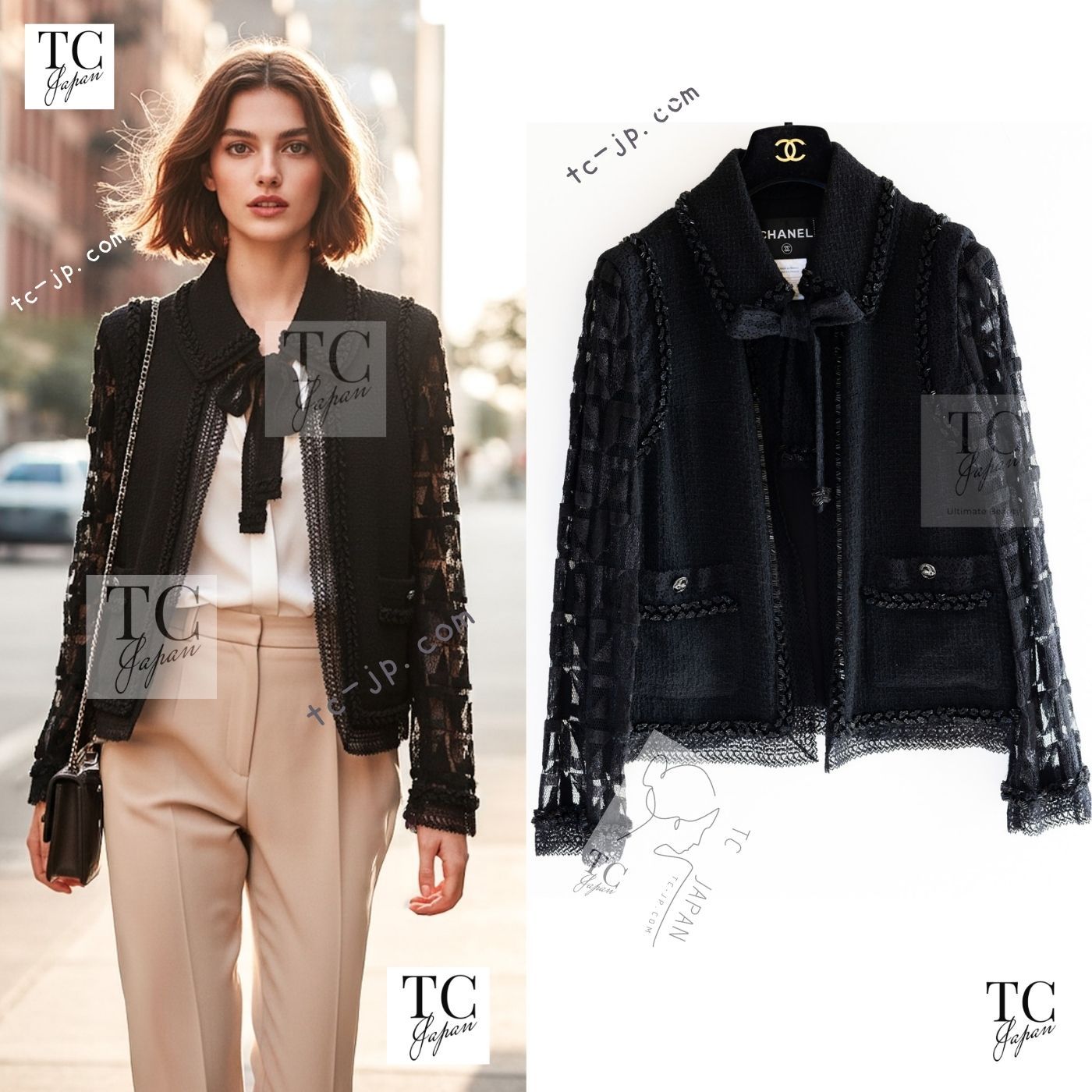 シャネル カーディガン ジャケット CHANEL 79万 ブラック 黒 ビーズ 軽い！メッシュレース ツイード ランウェイ登場 貴重 超美品 34