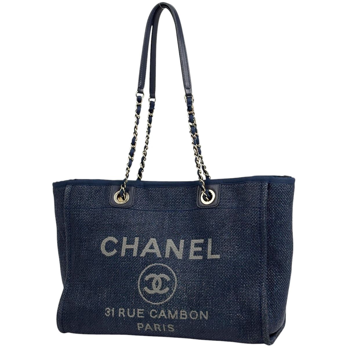 シャネル CHANEL ドーヴィルライン チェーン トートバッグ ココマーク 2WAY ストロー ネイビー A76001 レディース 【中古】