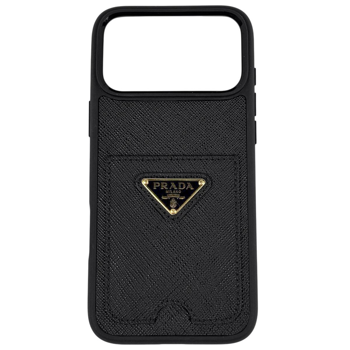 プラダ PRADA ロゴプレート スマホケース iPhone 17 Pro 携帯電話ケース サフィアーノレザー ブラック レディース 【中古】