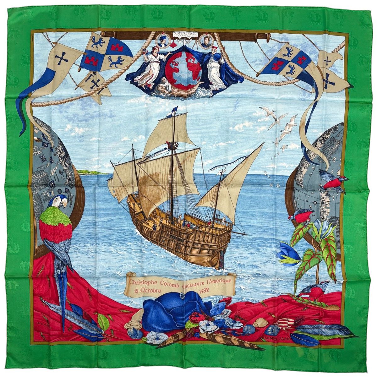 エルメス HERMES カレ90 Christophe Colomb dcouvre l'Amrique 12 Octobre 1492 クリストファー コロンブス スカーフ シルク グリーン マルチカラー レディース 【中古】
