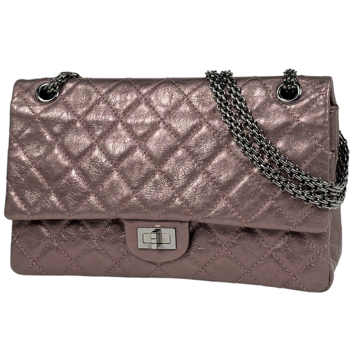 シャネル CHANEL 2.55ライン チェーン ショルダーバッグ マトラッセ Wフラップ Wチェーン レザー メタリックピンク レディース 【中古】