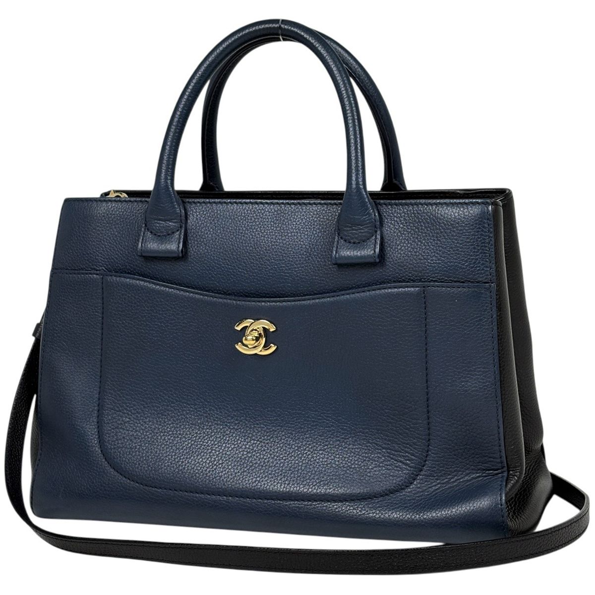 シャネル CHANEL ネオ エグゼクティブライン トートバッグ ココマーク 2WAY ショルダーバッグ レザー ネイビー ブラック レディース 【中古】