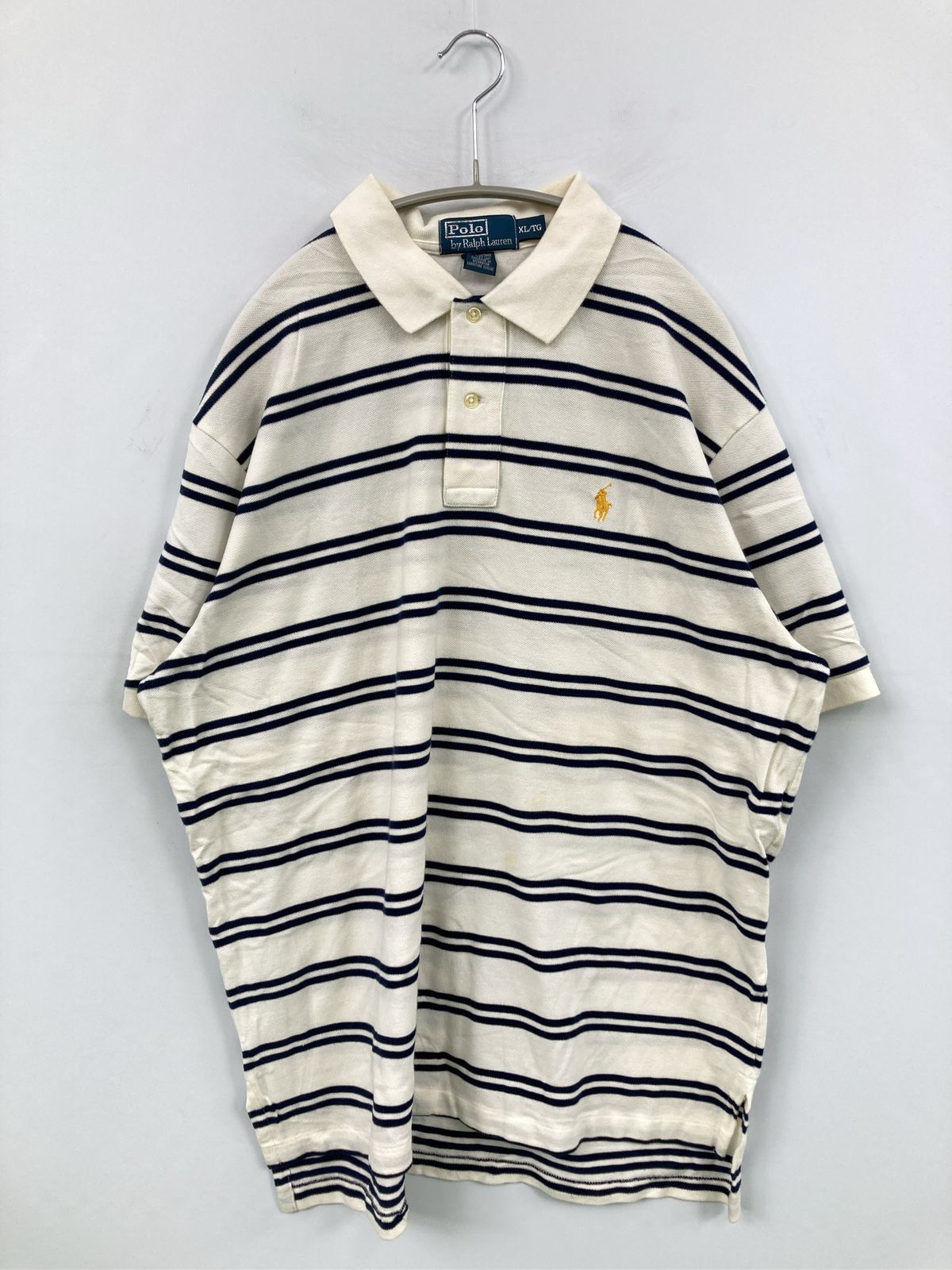 Polo by Ralph Lauren ポロバイラルフローレン ポロシャツ XL アイボリー ボーダー柄 ワンポイント ブランドロゴ 刺繍 半袖 メンズ