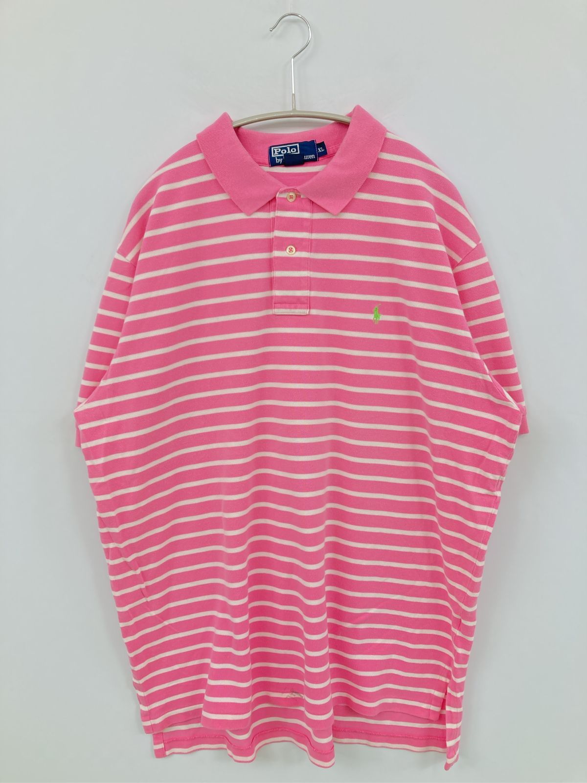 Polo by Ralph Lauren ポロバイラルフローレン ポロシャツ XL ピンク ボーダー柄 ワンポイント ブランドロゴ 刺繍 半袖 メンズ