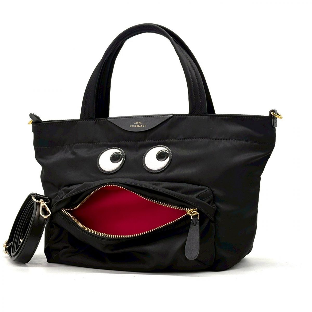 【視線まで遊びに変える】　ANYA HINDMARCH　トートバッグ ミニアイズ ナイロン レザー 2WAY　ブラック