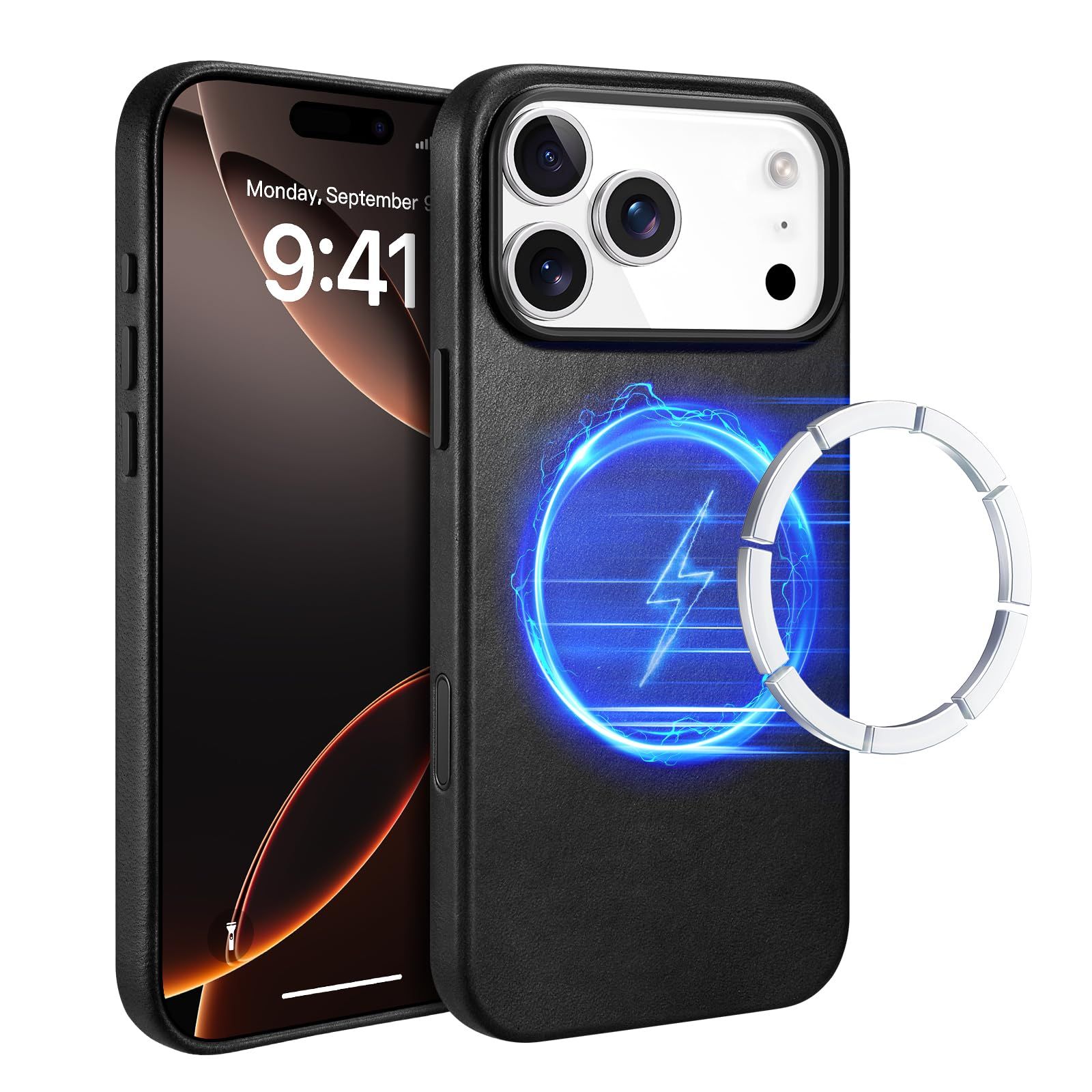 新品 iPhone 17 Pro 対応 本革レザー スマホケース Mag-Safe対応 あふれる シンプルデザイン 薄型軽量 耐衝撃 防指紋 滑り止め 金属ボタン全面保護 (ブラック)