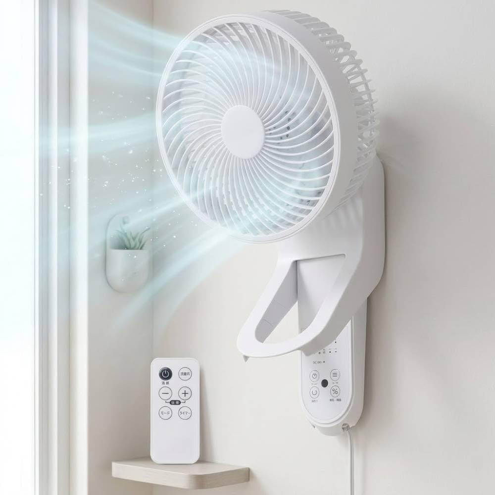 【節電対策】壁掛け扇風機 サーキュレーター リモコン付き 角度調整可能 24畳パワフル送風 上下左右 360°首振り 静音 省エネ 部屋干し洗濯 脱衣所 トイレ キッチン ON/OFFタイマー 国内メーカー1年サポート iimono117 ( 33b91719