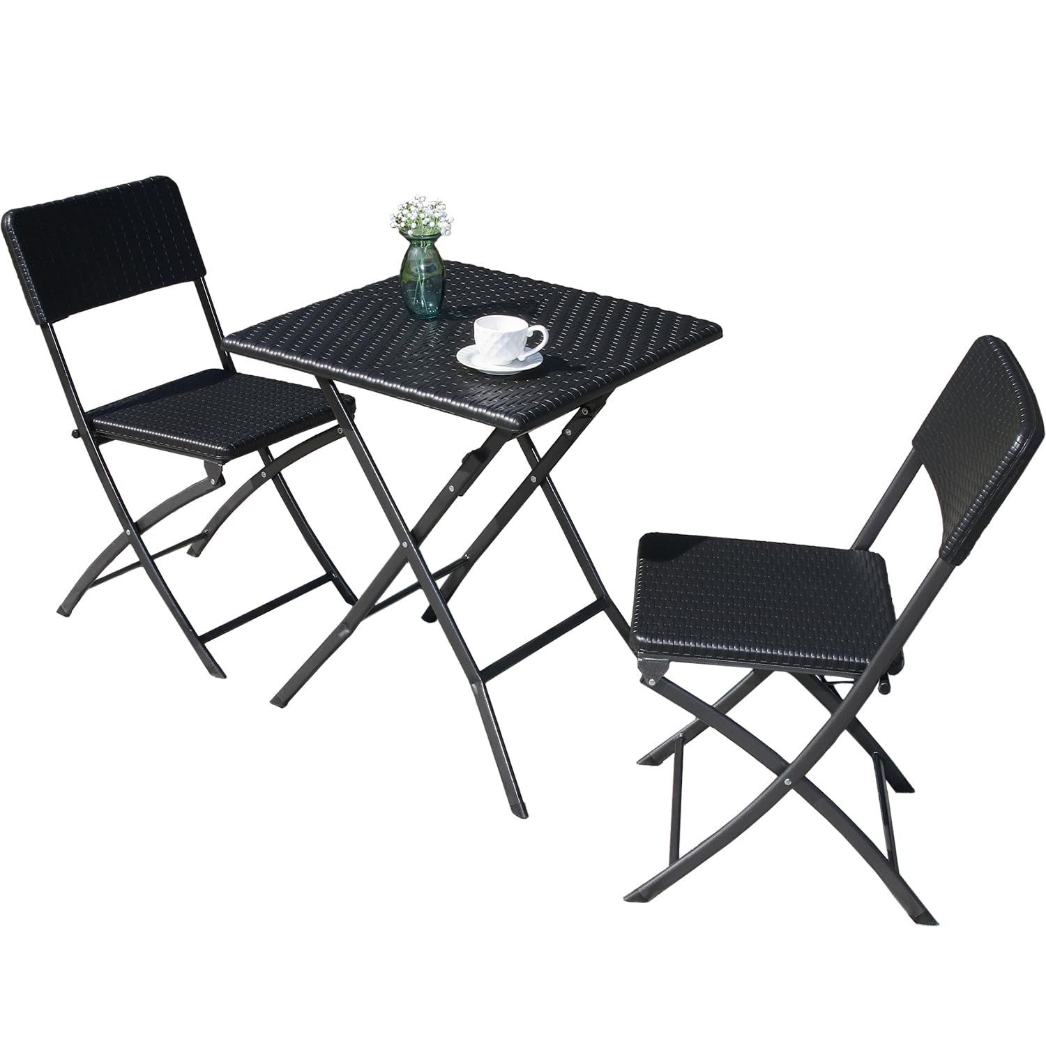 新品 不二貿易 テーブル&チェアセット 3点セット 幅61.5×奥行61.5×高さ73.5cm ブラック ラタン調 ガーデンテーブル ガーデンチェア バルコニー 軽量 87508