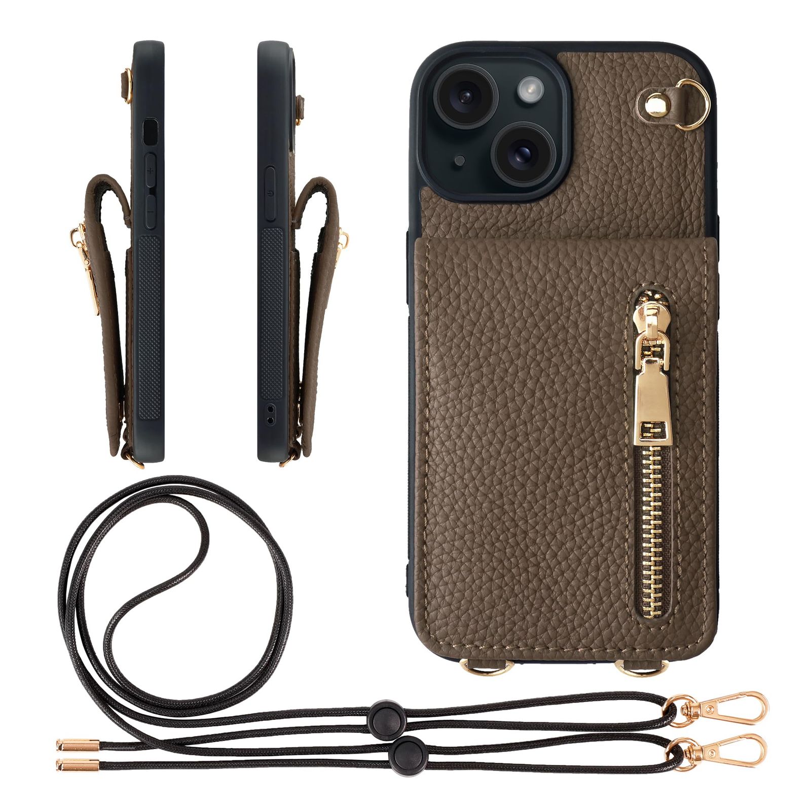 新品 HANATORA for iPhone 15 ケース 本革 スマホケース スマホショルダー カードポケット スタンド ショルダーストラップ 付き シュリンクカーフレザー コインケース 小銭入れ トープ SCPGGZ-15-Taupe