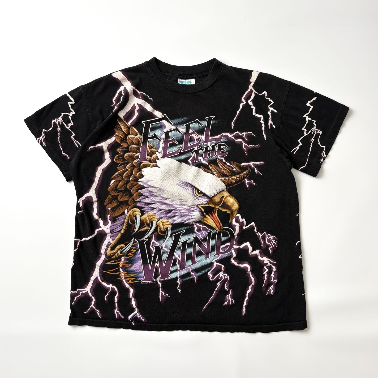 American Thunder Tシャツ イーグル L ブラック シングルステッチ 90s ビンテージ ヴィンテージ 3D EMBLEM スタイル 稲妻 雷 猛禽類 アニマル プリント 半袖 カットソー コットン クルーネック メンズ ストリート