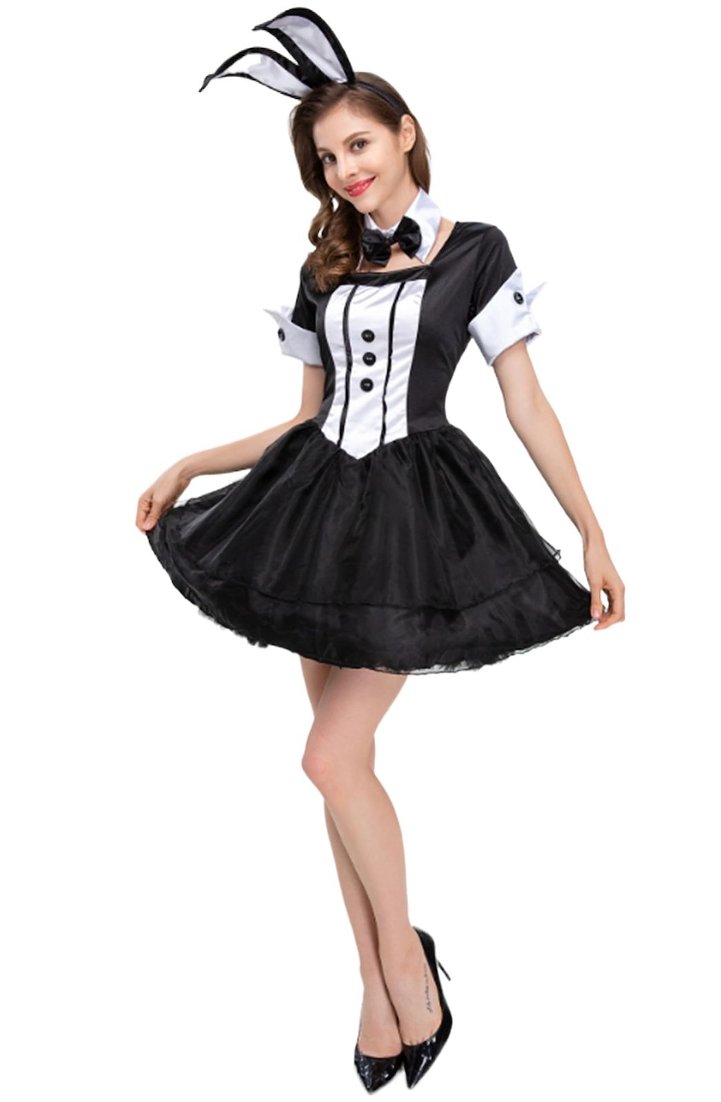 [CosMisty] バニーガール コスプレ 衣装 うさぎ耳 カチューシャ ハロウィン 仮装 スカート 半袖 メイド服 大人用 (L) [L]