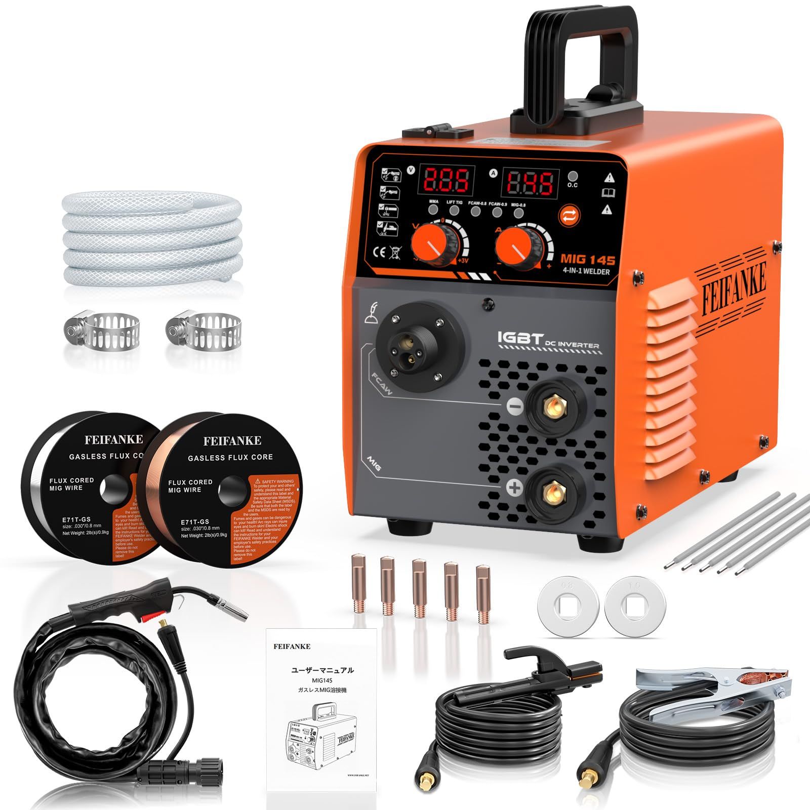 FEIFANKE 溶接機 100V 145A 半自動溶接機 1台4役 ガスMIG/フラックスコアガスレスMIG/MMAスティック/リフトTIG IGBTインバータ 定格使用率 60% 電気溶接機 初心者向け DIY ポータブル 家庭用溶接機 ec45625c