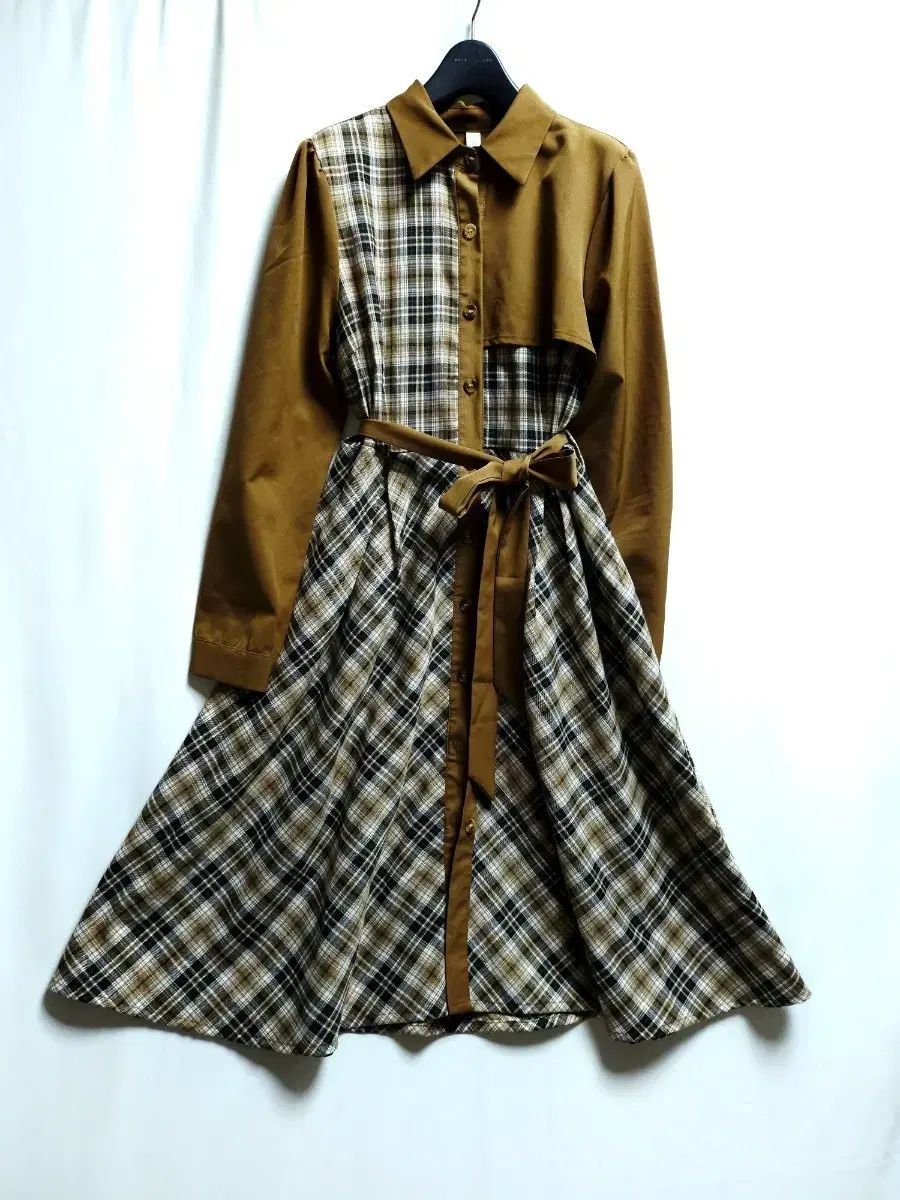 Huac hen ブラウン CHECK シャツ ONE PIECE + ベルト 含む