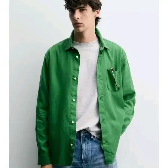 新品 XL (定価59,000円) ZARA コットン リネンシャツ 緑色 グリーン 長袖 シャツ