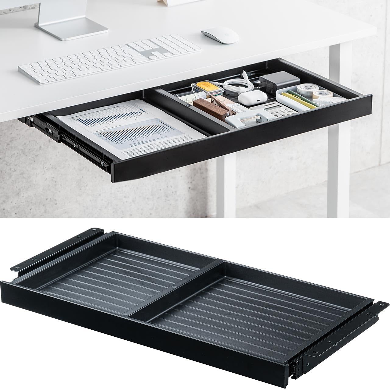 サンワダイレクト 後付け引き出し デスク下 幅64.7cm 耐荷重2kg 仕切り付き A4対応 ネジ固定 引き出し ドロワー 収納 Lサイズ 100-KB027BKas 13c81059