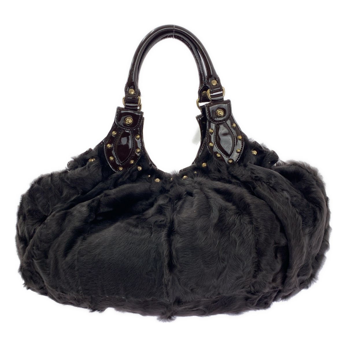 GUCCI / グッチ | パテントレザー ハンドル ファー トートバッグ | ブラウン | レディース