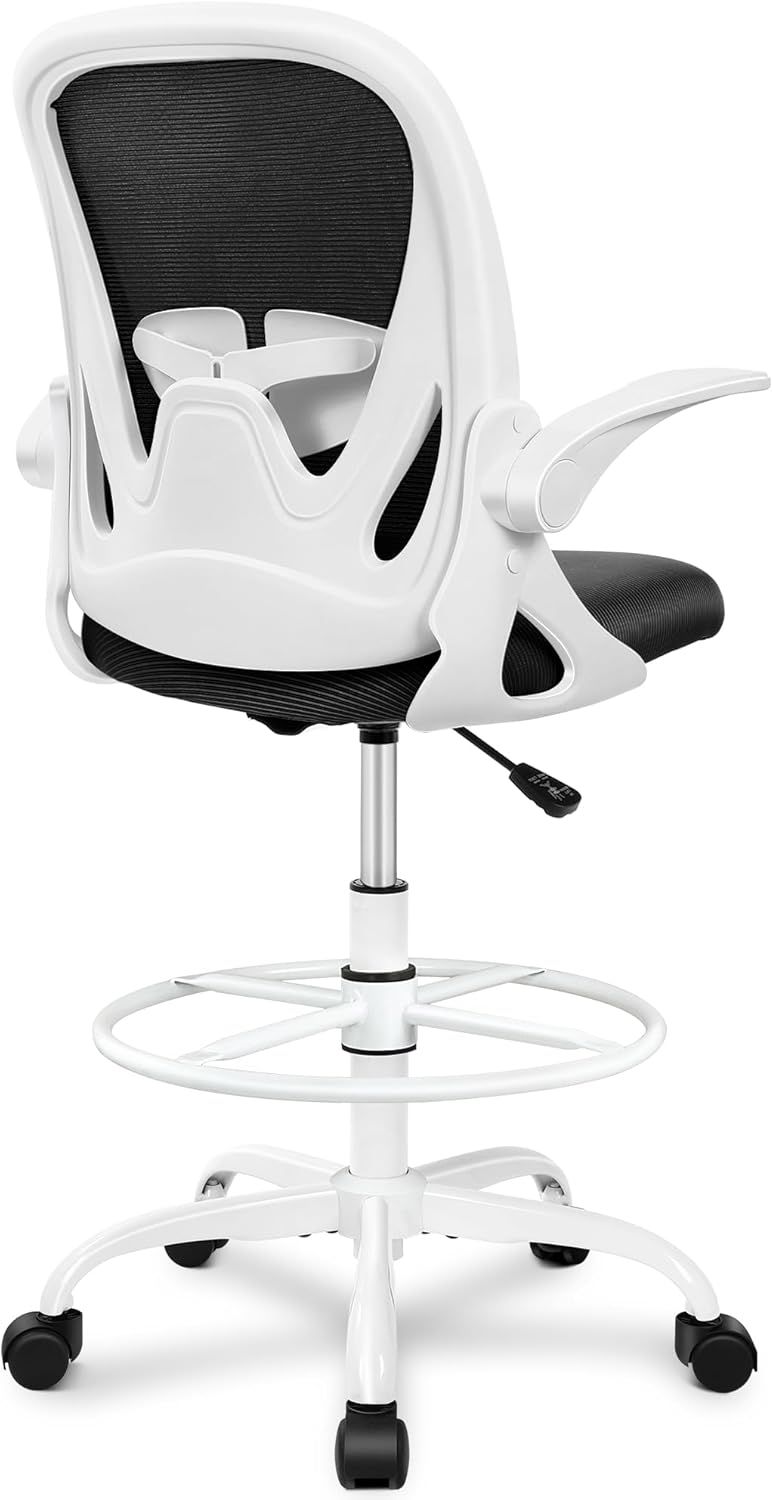 Primy オフィスチェア 人間工学 メッシュ 跳ね上げアームレスト ランバーサポート フットリング付き 製図用スタンディングデスク対応 高さ無段階調整 120kg耐荷重