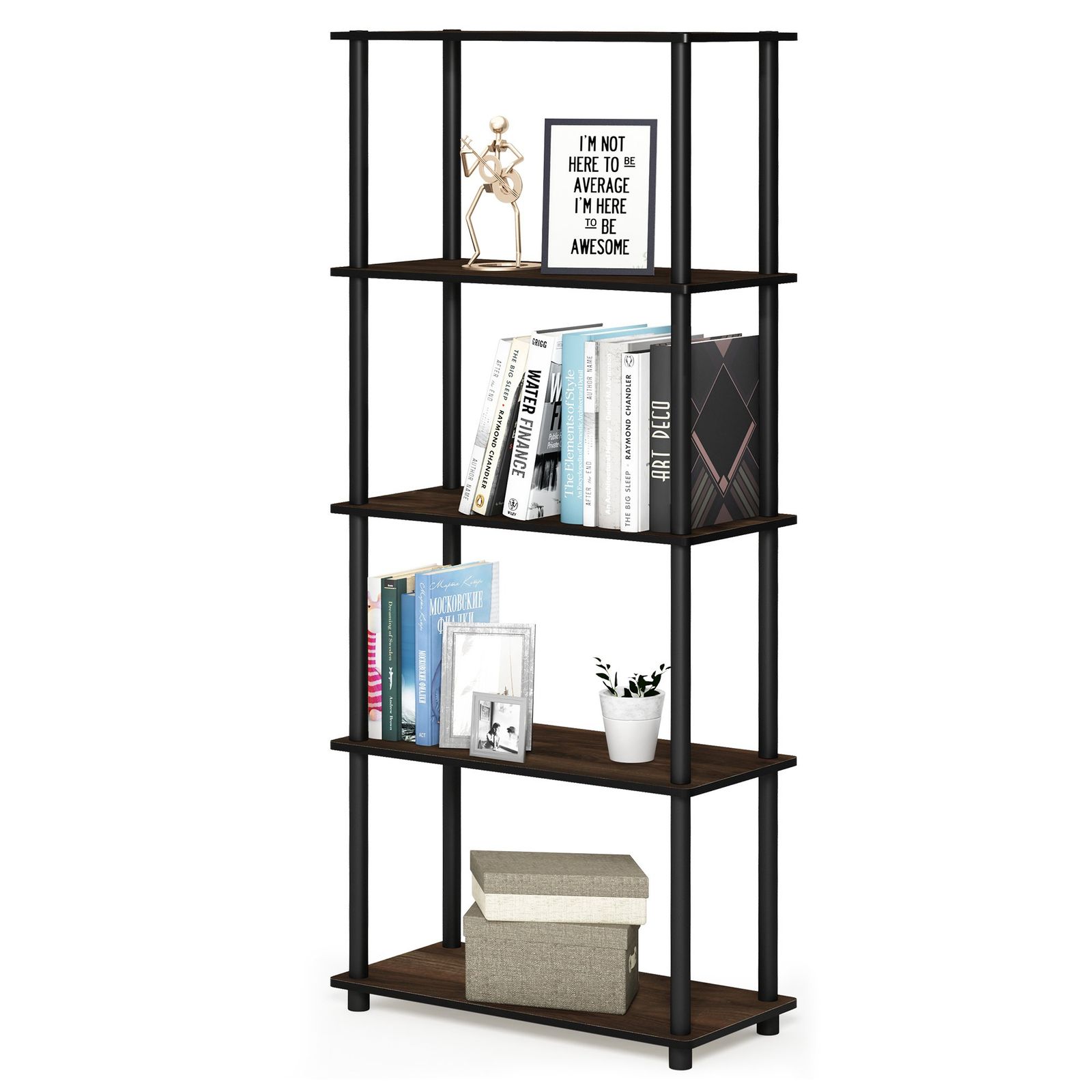 Furinno TURN-N-TUBE 収納棚 5段 本棚 コーナーシェルフ 工具不要オープン棚 整理収納用 リビングルーム ガレージ ホームオフィス コロンビアウォルナットAR