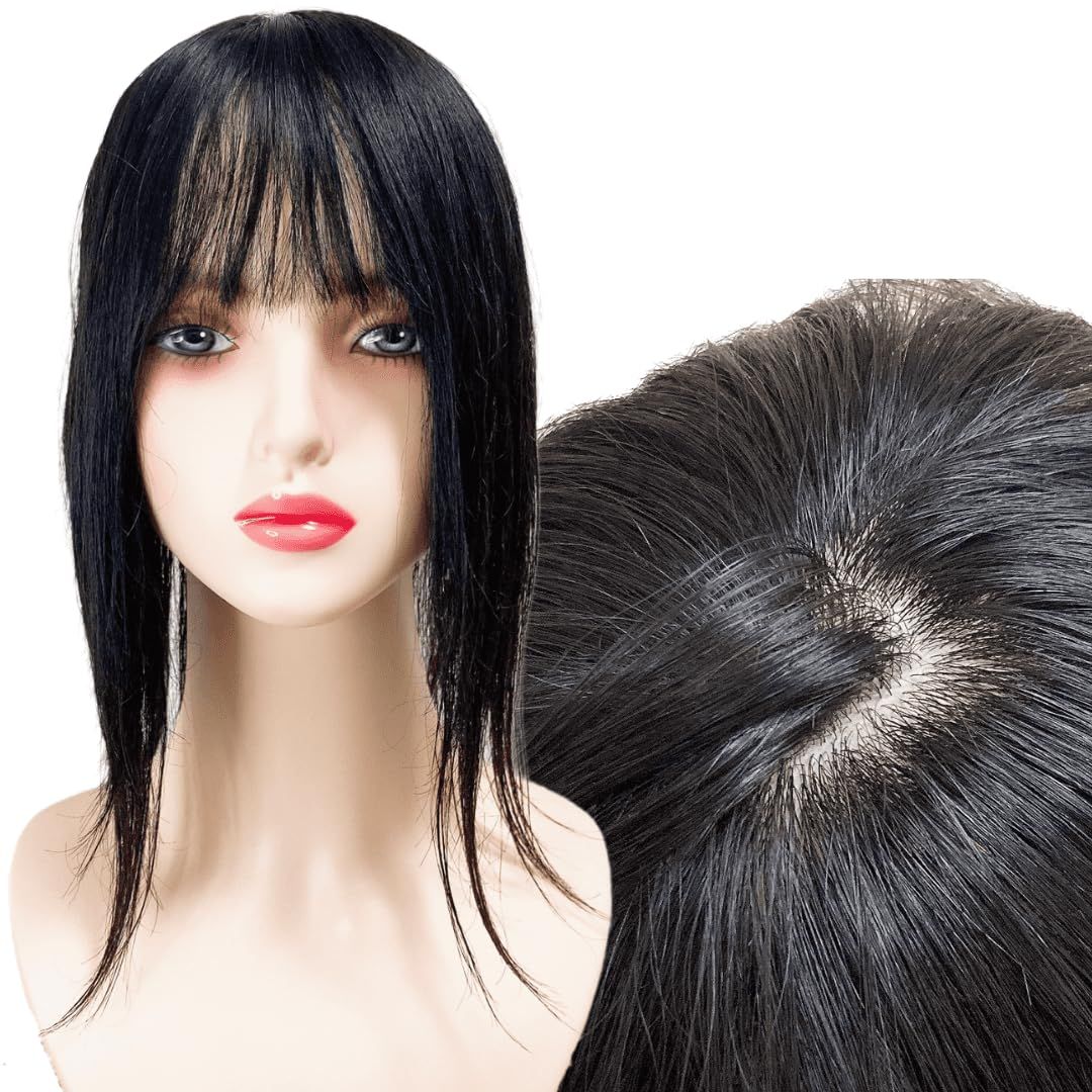 Luce brillare 部分ウィッグ ヘアピース ポイントウィッグ 女性 レディース 人毛100% かつら 分け目自由自在 トップピース トップカバー トップウィッグ ストレート 前髪ウィッグ 人毛 医療 つむじ [ナチュラルブラック] [9×14cm]