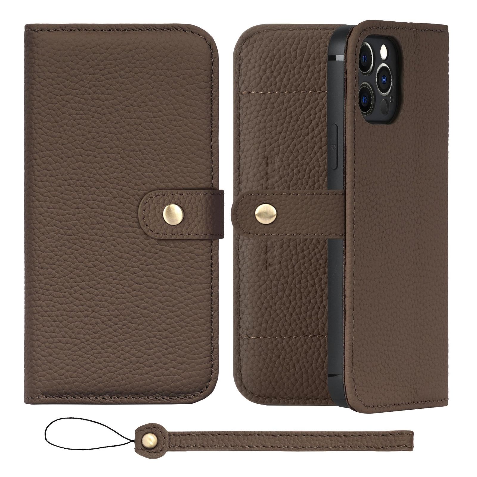 新品 HANATORA for iPhone 12 12Pro ケース 手帳型 本革 スマホケース スマホ スタンド ストラップ 付き シュリンクカーフレザー ベルトあり マグネットなし トープ H1SPB-12Pro-Taupe ギフト 誕生日 女性 男性