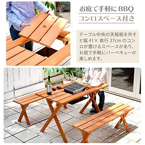 ガーデンマスター(Gardenmaster) ガーデンテーブル&ベンチ 3点セット テーブル1点&ベンチ2点セット 天然木杉材 パラソルホール付 コンロ台付 お庭 ベランダ テラス バルコニー PTS-1207BSma 310dd937
