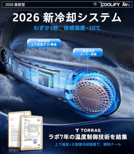 TORRAS ネッククーラー COOLiFY Air 冷却プレート 首掛け扇風機 ネックファン 【2026新冷却システム】 ペルチェ素子 360°立体送風 120°調整可能 24h稼働 5000mAh 多機能モード 10W急速充電?応 静音 7326efa2