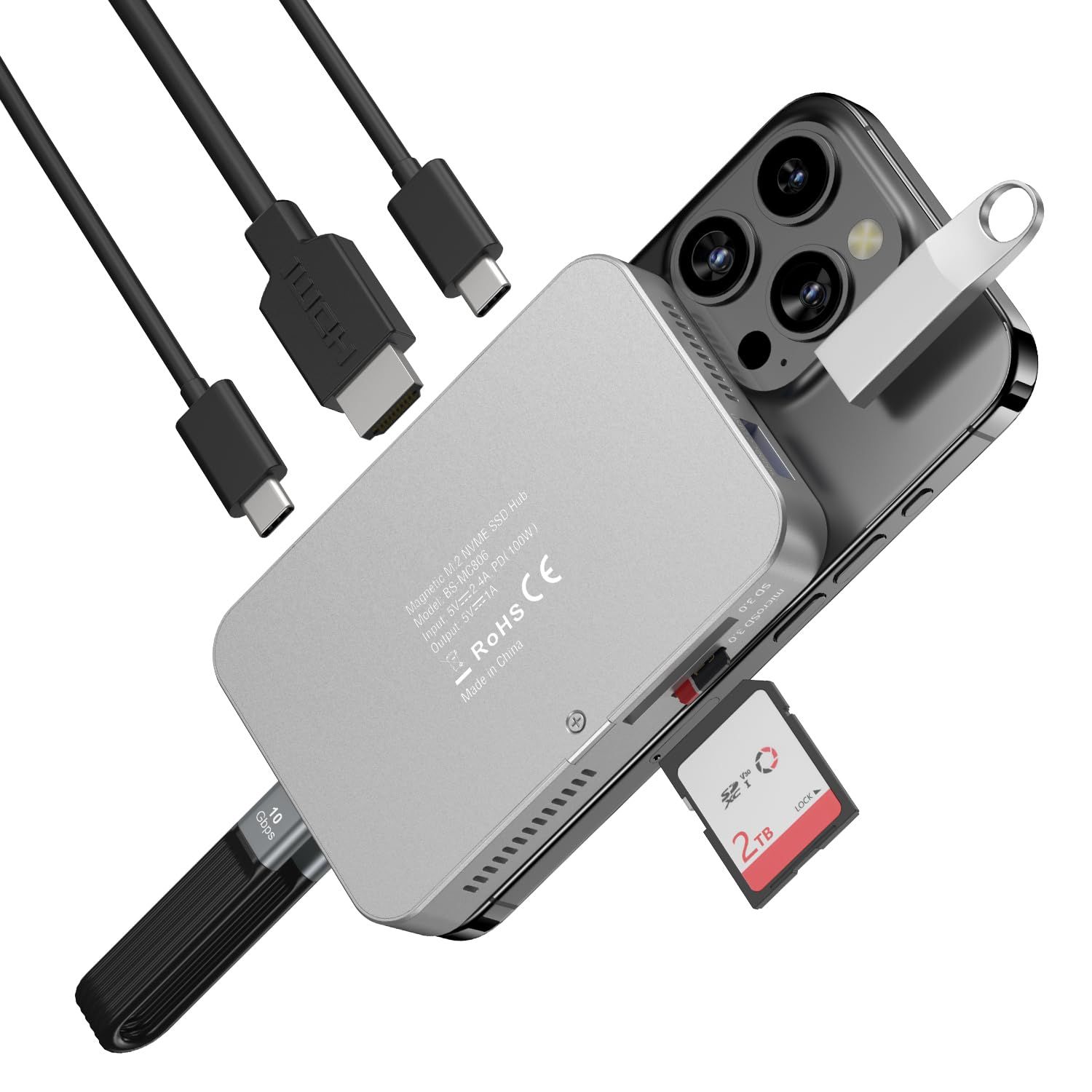 MiliPow マグネット式 7 in 1 USB-Cハブ NVMe ケース（冷却ファン付き）、10Gbpsデータ転送、4K@60Hz HDMI、100W電源供給、SD/TFカードリーダー、ドッキングステーション（Type-Cデバイス用）