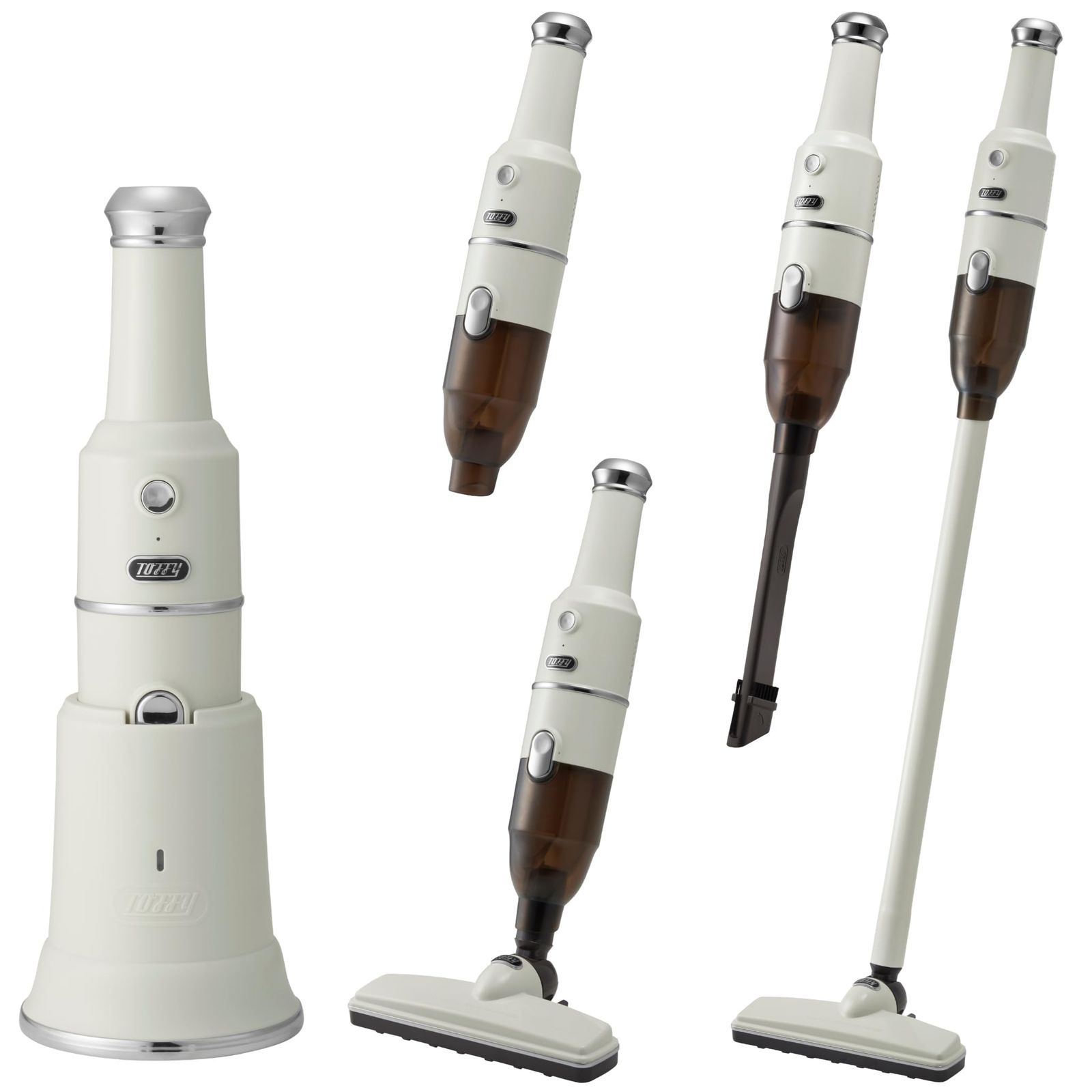 新品 【Toffy/トフィー】 コードレススティッククリーナー HW-VC2 掃除機 充電式 パワフル吸引 専用充電台 ノズル付属 お手入れ簡単 レトロ アッシュホワイト