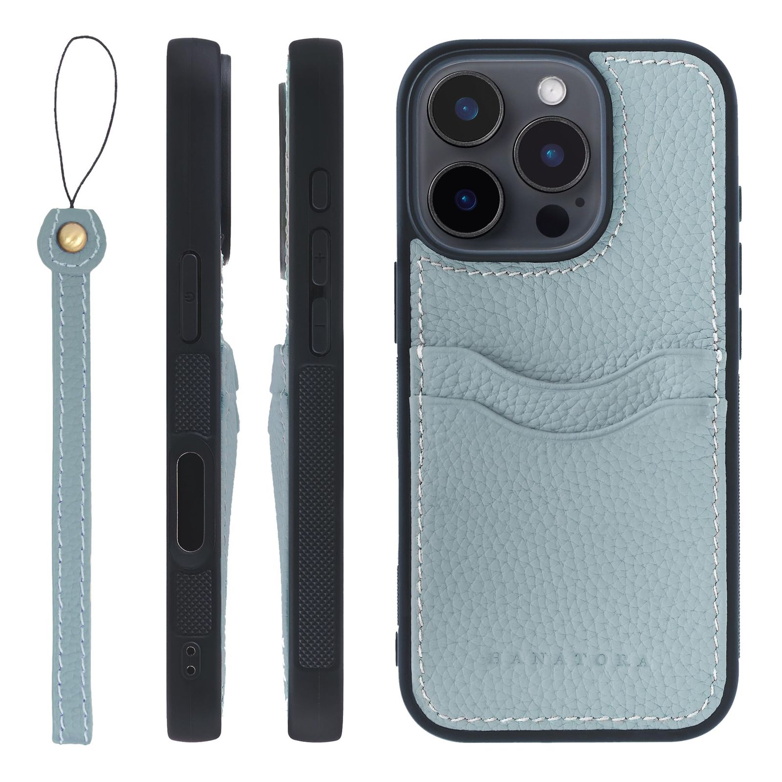 新品 HANATORA for iPhone 16Pro ケース 本革 耐衝撃 バンパー型 スマホケース スマホ ストラップ 付き シュリンクレザー ギフト ブルーグレー CPGGZ-16Pro-BlueGray
