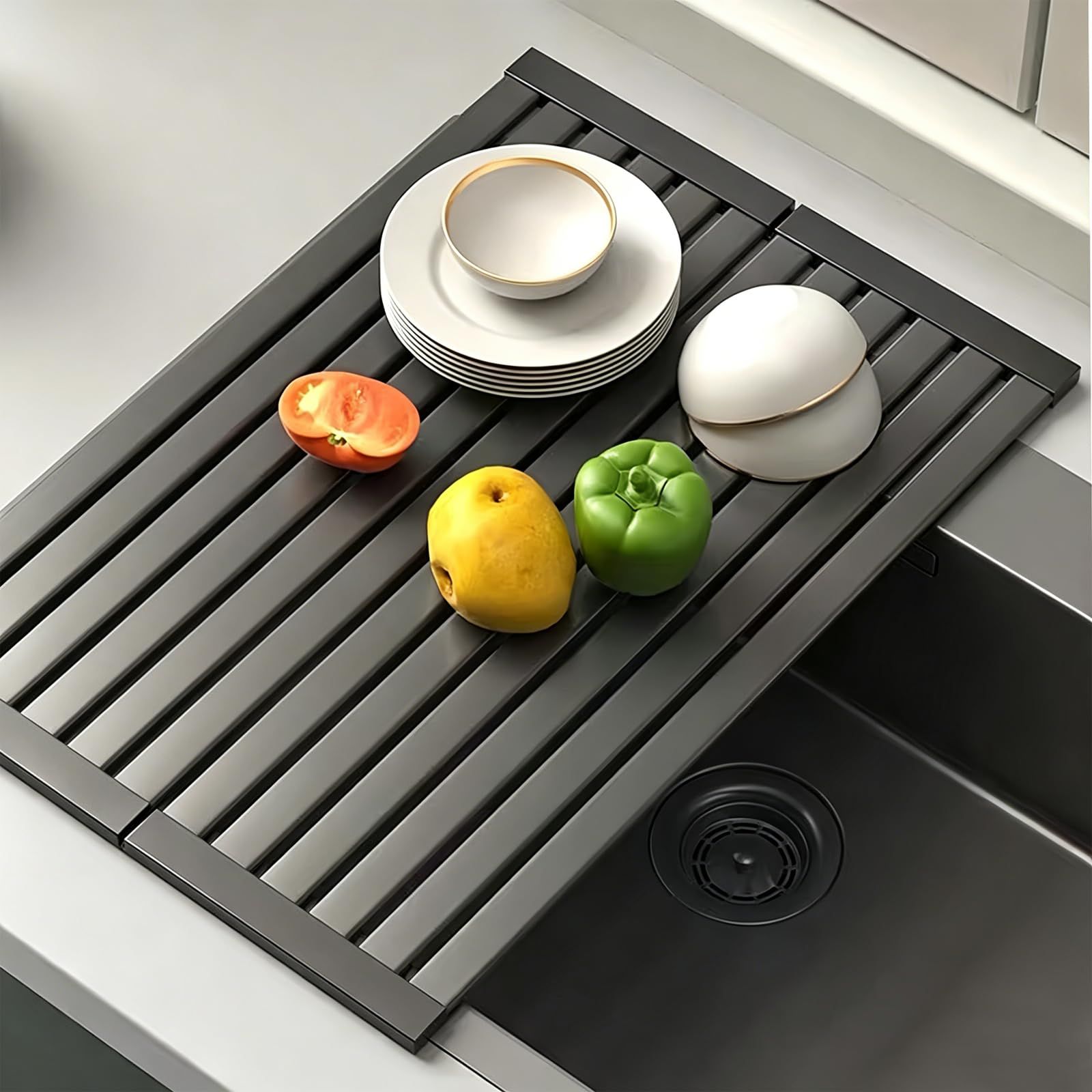 新品 ママ倉 食器水切りラック 調理台 32~60cm選択可能 52cm キッチン 収納 ステンレス スチール 台所 水切りラック シンク上 食器乾燥ラック ガングレー 二つ折り