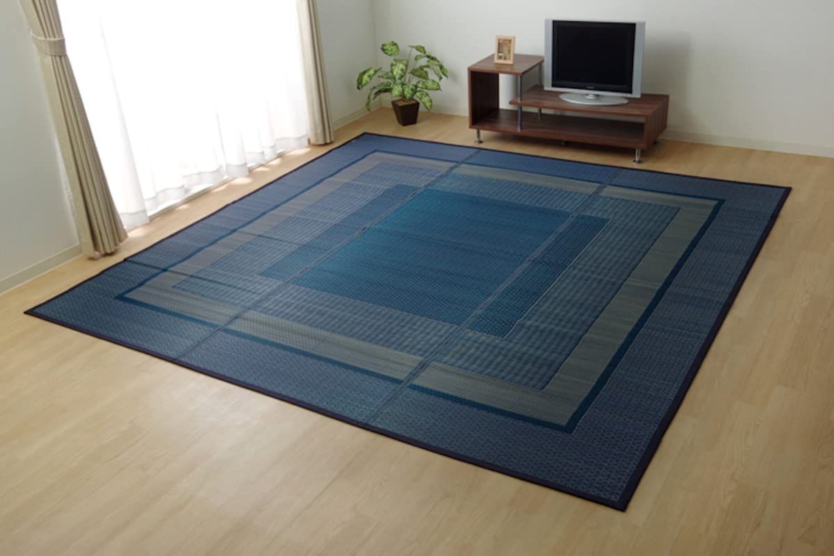 新品 イケヒコ い草花ござカーペット 純国産 ランクス ネイビー 174×174cm江戸間2畳 4131502